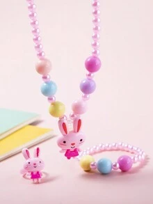 1套組3-12歲女童粉色長耳朵兔子聚酯樹脂項鍊、戒指和手環套裝(隨機珠子顏色),兒童禮物 - 彩色 - 查看 1