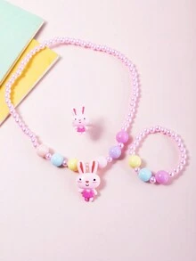 1套組3-12歲女童粉色長耳朵兔子聚酯樹脂項鍊、戒指和手環套裝(隨機珠子顏色),兒童禮物 - 彩色 - 查看 3