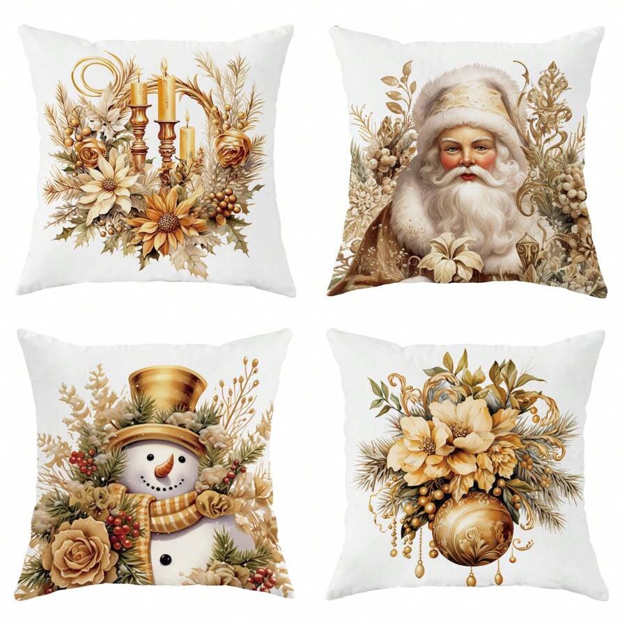 4入組聖誕老人雪人蠟燭金色抱枕套,聖誕新奇抱枕套,絲絨裝飾靠枕套45×45cm/18"×18",適用於聖誕派對客廳臥室沙發床裝飾,送禮佳品 - 金色 - 查看 1