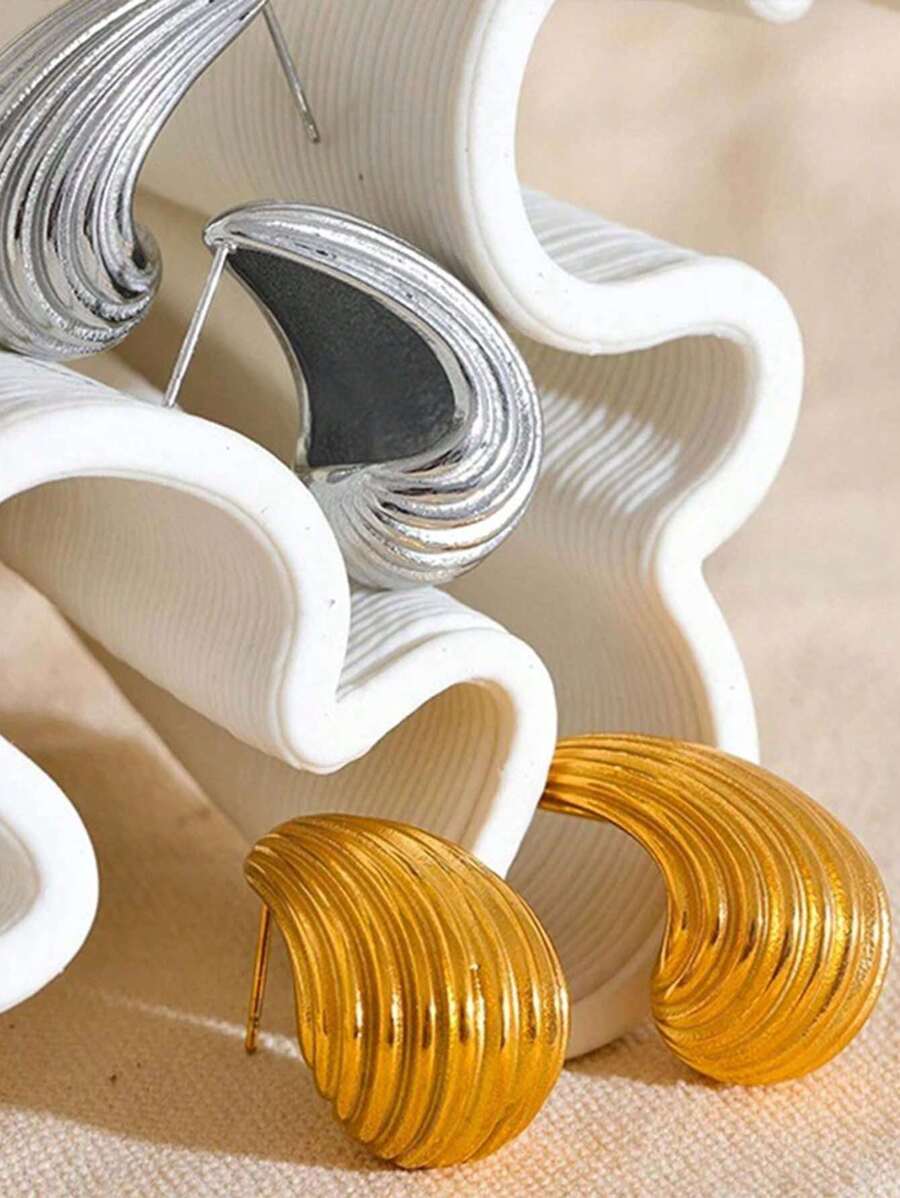 1pair Stainless Steel Water Drop & Stripe Pattern Earrings, Hypoallergenic & Colorfast, Fashionable & Simplistic Ear Hoops For Women, Daily Wear - Yellow Gold - View 1
