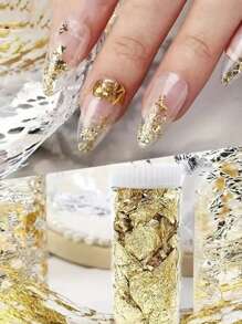 1 件/2 克金箔碎片装饰，金色闪亮设计，带有金箔碎片和不对称金片，适用于美甲、3D 闪光装饰指甲用品指甲饰指甲宝石 - 金色 - 查看 3