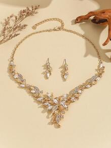 3入組女士金色樹葉形狀玻璃耳環和項鍊套裝,優雅派對禮物 - 金黃色 - 查看 3