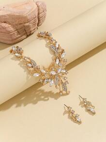 3入組女士金色樹葉形狀玻璃耳環和項鍊套裝,優雅派對禮物 - 金黃色 - 查看 5