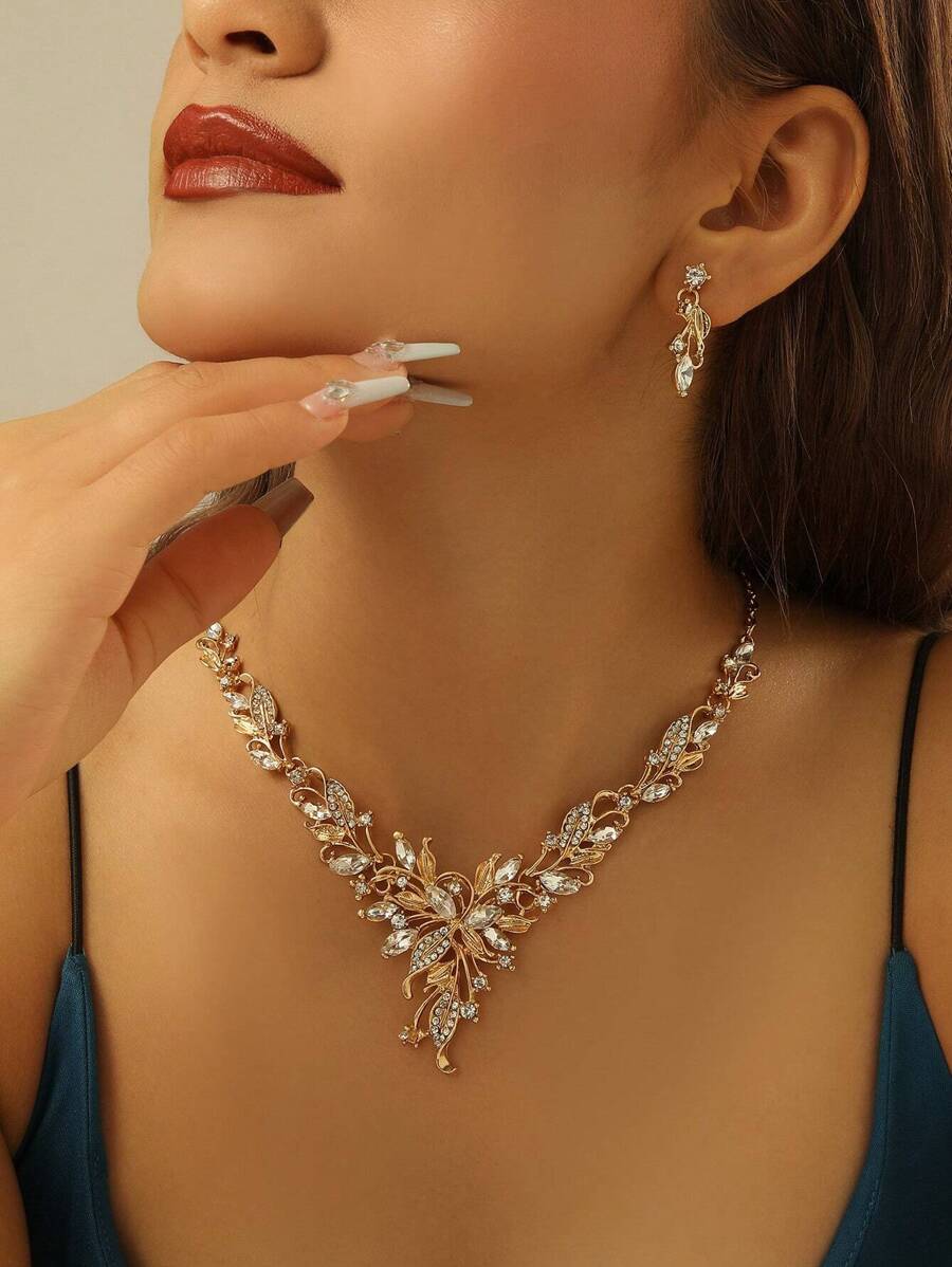 3入組女士金色樹葉形狀玻璃耳環和項鍊套裝,優雅派對禮物 - 金黃色 - 查看 1