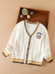 男童休閒字母及格子圖案長袖開衫,適用於秋冬季節 - 杏色 - 查看 1