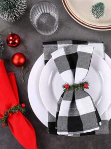 5pcs Christmas Decorative Red Berry Pinecone Floral Wreath Napkin Rings, Handmade Creative Woven Napkin Holder, Table Center Decoration - Green - View 4