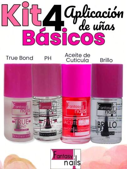 Kit 4 basicos Aplicacion de uñas fantasy Nails True bond + PH + Aceite de cuticula + Brillo Sellador