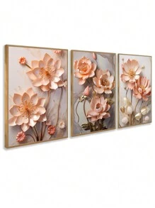 Kit 3 Quadros Lotus Rosa Gold Sala Quarto Escritório Hall