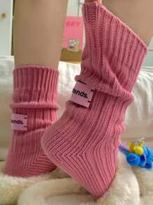 1pc Autumn & Winter Colored Knitted Mid Calf Socks For Men And Women, With Pile Design