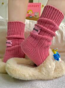 1pc Autumn & Winter Colored Knitted Mid Calf Socks For Men And Women, With Pile Design