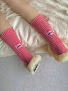 1pc Autumn & Winter Colored Knitted Mid Calf Socks For Men And Women, With Pile Design