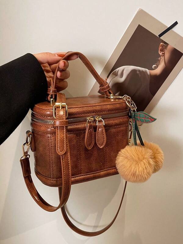 Sac À Main Carré Mini En PU Vintage Marron (avec Pendentif Cerise)