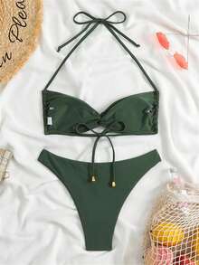 女士性感纯色无肩带吊带比基尼，可调节肩带，高腰 T 型背比基尼套装夏季海滩