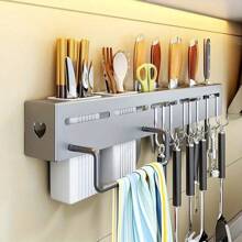 1pc Kitchen Knife Holder, No Drill Utensil Organizer, Multifunctional Wall Mounted Hook Rack For Kitchen Tool Storage - Silver - View 4