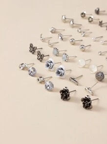 30對/套華麗的極簡主義金屬&假珍珠&花卉&心形&蝴蝶結設計女性約會耳環禮物套裝 - 彩色 - 查看 3