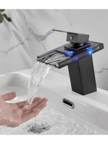 1 Juego Grifo Led De Color Que Cambia Con Energía Hidroeléctrica Para Lavamanos, Grifo De Cascada Que Emite Una Luz Inteligente - Negro - Ver 2