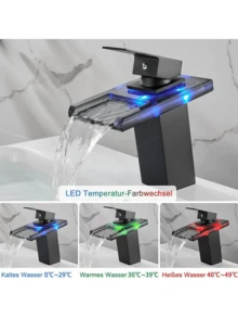 1 Juego Grifo Led De Color Que Cambia Con Energía Hidroeléctrica Para Lavamanos, Grifo De Cascada Que Emite Una Luz Inteligente - Negro - Ver 3