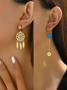 1入流行新款歐美風格奢華空心花朵、羽毛和流蘇女式耳環,適用於休閒和旅遊裝扮