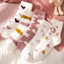 1對女性愛心珊瑚絨毛襪,可愛保暖中筒家居睡眠襪,適用於懷孕及瑜伽