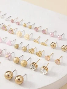 30 Pairs/Set Exquisite & Simple Metal Faux Pearl Floral Heart Shaped Ear Studs Set, Gift For Women's Dating Valentines,Mom,Mother,Mother's Day,Gift