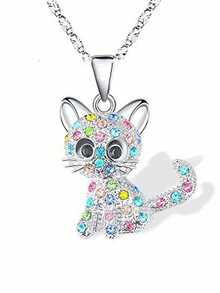 1 pieza Collar para adolescentes con colgante de gato con forma de piedras de colores, cadena minimalista de cerradura para la clavícula para niñas - Blanco - Ver 3