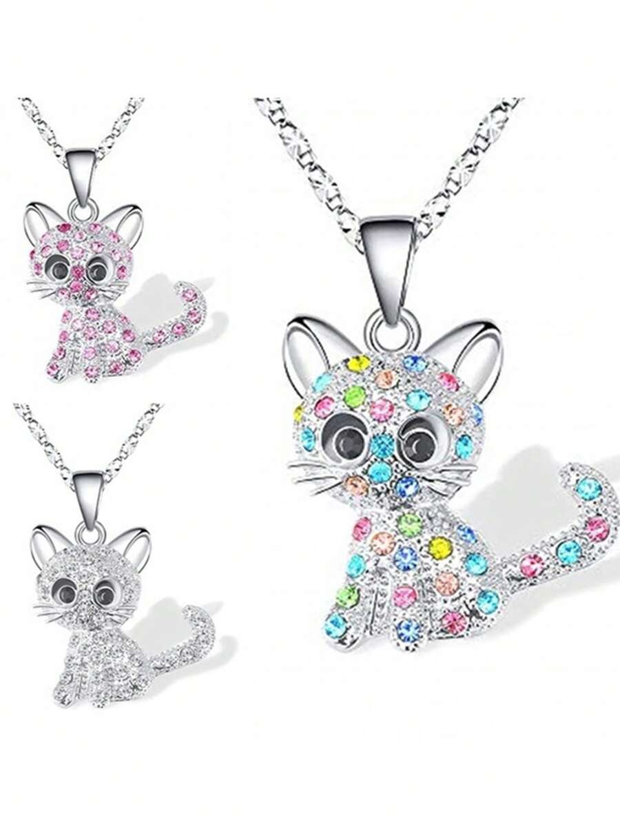 1 pieza Collar para adolescentes con colgante de gato con forma de piedras de colores, cadena minimalista de cerradura para la clavícula para niñas - Blanco - Ver 1