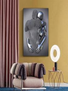 Bedroom Wall Decor, Romantic Couple Canvas Wall Art, Heart-Shaped 3D Metal Sculpture Effect, Black And White Modern Abstract Embracing Couple Oil Painting Poster, Suitable For Bathroom And Hotel - Multicolor - View 4