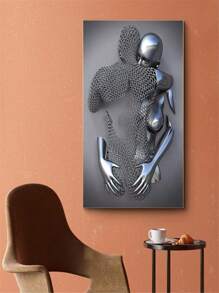 Bedroom Wall Decor, Romantic Couple Canvas Wall Art, Heart-Shaped 3D Metal Sculpture Effect, Black And White Modern Abstract Embracing Couple Oil Painting Poster, Suitable For Bathroom And Hotel - Multicolor - View 3