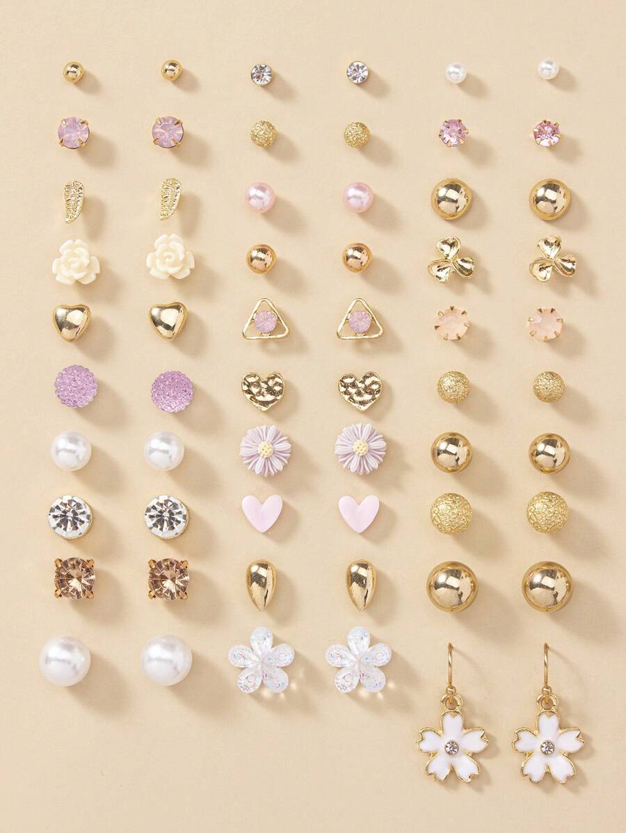 30 Pairs/Set Exquisite & Simple Metal Faux Pearl Floral Heart Shaped Ear Studs Set, Gift For Women's Dating Valentines,Mom,Mother,Mother's Day,Gift