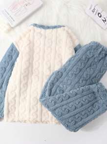 Blue Coral Velvet Thickened Home Wear Set For Winter, With Cartoon Cat Design And Pockets Outfit, Fall Winter Cozy Clothes, Fluffy Pajama - Blue - View 6