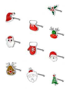 10 件/套聖誕主題身體穿孔首飾油滴形 L 型鼻釘,男女通用 - 彩色 - 查看 2