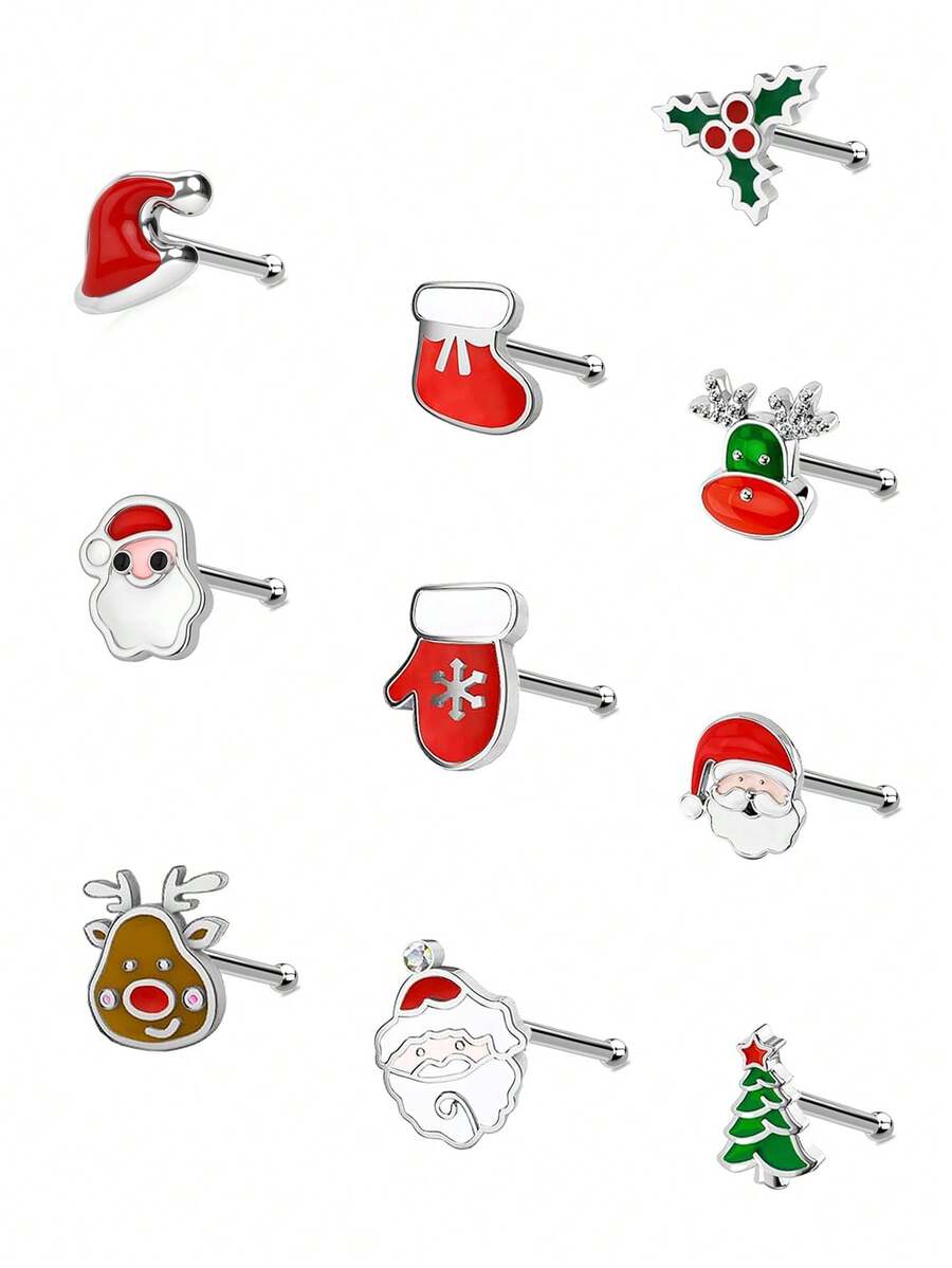 10 件/套聖誕主題身體穿孔首飾油滴形 L 型鼻釘,男女通用