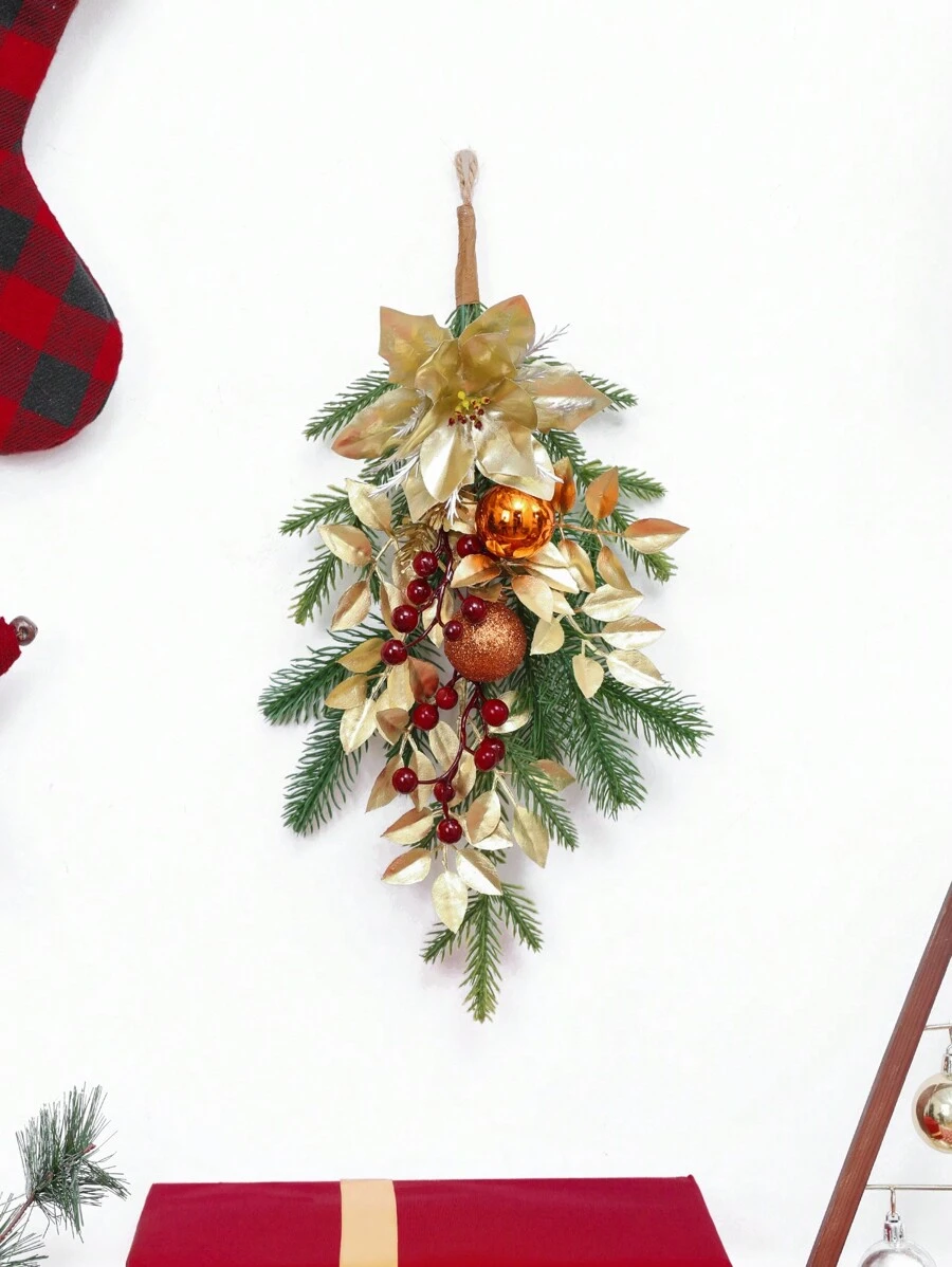 1 Miếng 42cm ( H ) Nhân tạo Hoa giáng sinh , Cây thông Kim , Những quả bóng , Quả mọng Với - Đỏ  Quả mọng & Kim băng & Những quả bóng Treo Vật trang trí , Giáng sinh Vòng hoa Vòng hoa Đối với Cửa , Tường , Cầu thang , Cửa sổ , Ngoài trời Đồ trang trí - Vàng - Xem 1