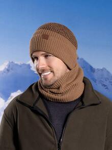 全新冬季男士户外防风帽和围巾套装带保暖内衬针织帽护耳骑行帽 - 卡其色 - 查看 3