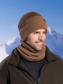 全新冬季男士户外防风帽和围巾套装带保暖内衬针织帽护耳骑行帽 - 卡其色 - 查看 4