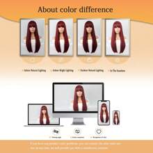 酒紅色長直帶瀏海合成假髮女性用耐高溫日常萬聖節角色扮演派對自然髮型 - 酒紅色 - 查看 9