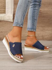 Ciabatte da donna con zeppa, fondo alto e punta aperta, leggere e confortevoli, con cinturino per uso interno