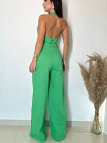 Conjunto Elegante Con Top Corto Y Pantalón Palazzo De Lino - Verde - Ver 4