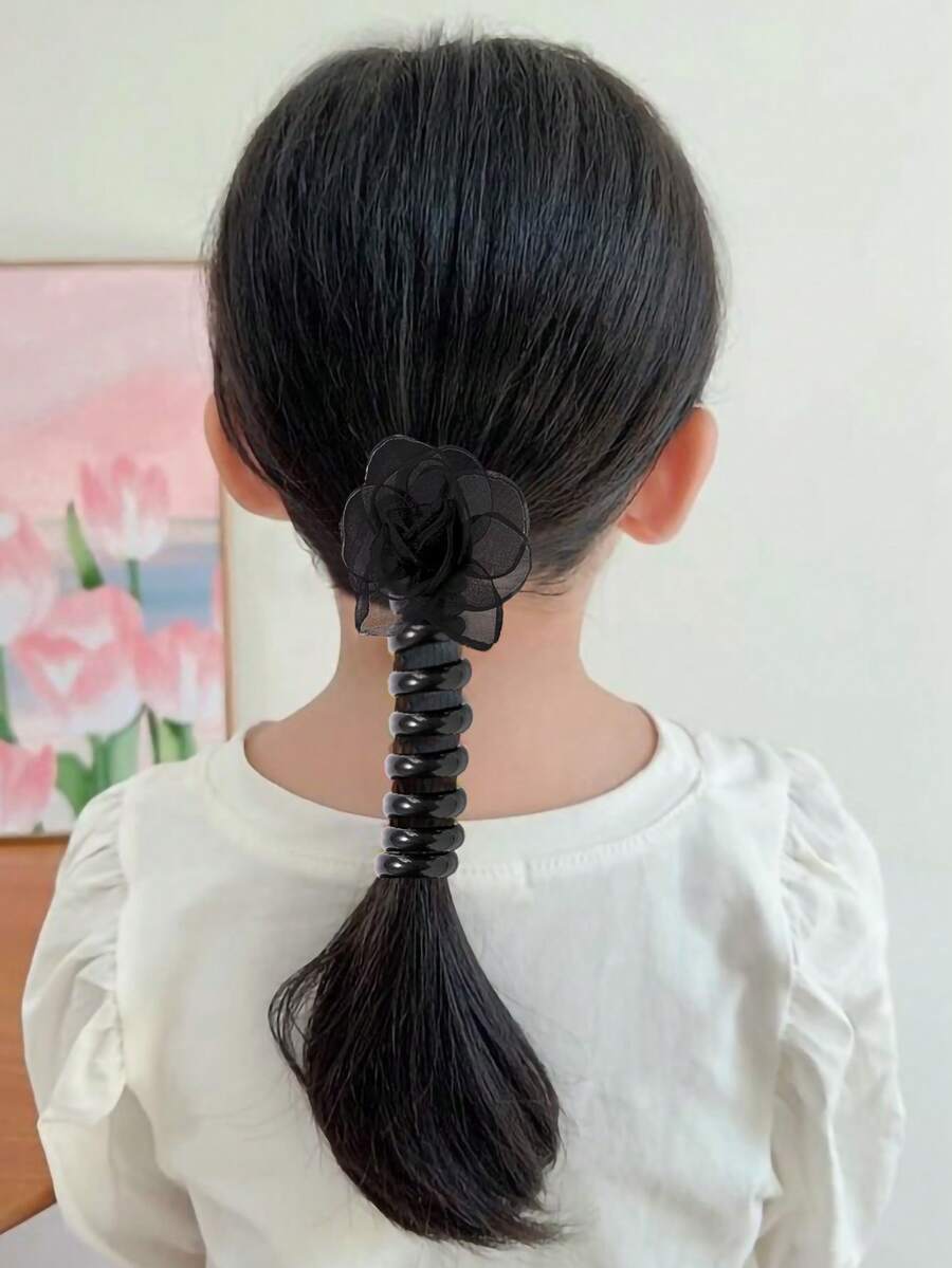 1 chiếc dây buộc tóc xoắn hoa organza dễ thương và ngọt ngào - màu đen - Xem 1