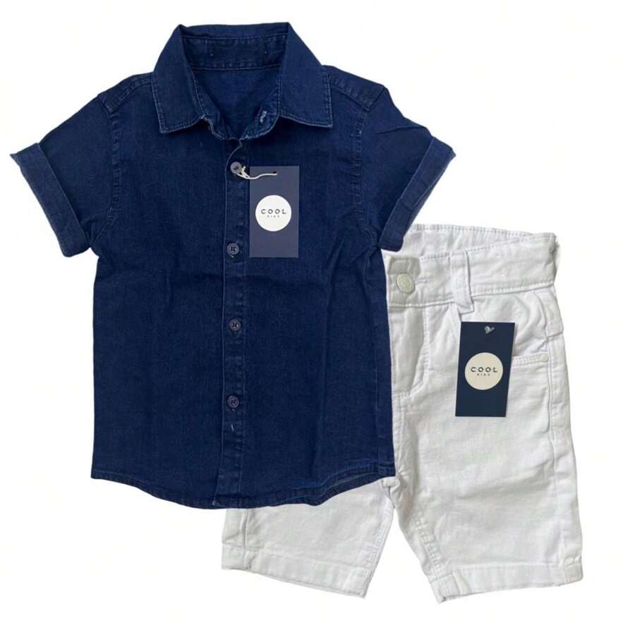 Conjunto Branco Infantil Menino Bermuda Branca Lycra Camisa Jeans Juvenil TAM 1 A 16ANOS - Branco - Visão 1