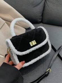 Fashion Suede Embroidery Vintage Fluffy Mini Handheld Square Bag - Black - View 1