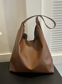 女款優雅軟包,細皮帶手提,拼接純色軟對包,適用於休閒通勤風格 - 棕色 - 查看 2