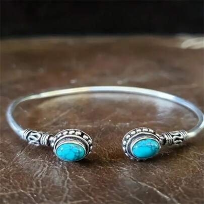 1pc Vintage Style Inlaid Imitation Turquoise Cuff Bangle Bracelet, Fashionable Jewelry Gift For Women Wedding, Party