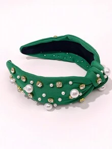 1入新款女士巴洛克風頭帶,飾以珍珠、鑽石和幾何布料設計,適合日常使用,也可作為女友的新年禮物 - 綠色 - 查看 4