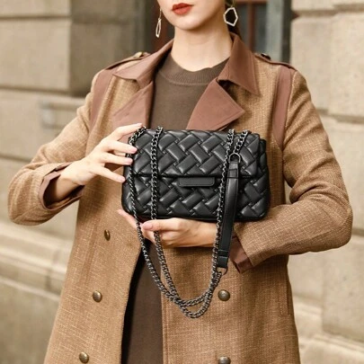 歐美風格彩虹PU皮革拼色鍊條肩背手提包，時尚街頭晚禮服包