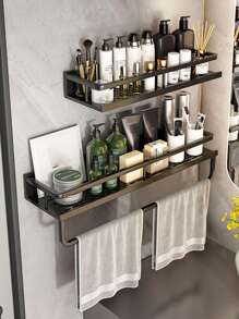 1pc Multifunctional Bathroom Storage Rack, Wall-Mounted Toilet Organizer, Cosmetic Holder, Towel Rack, Suitable For Bathroom Items Storage And Other Bathroom Accessories - Black - View 3