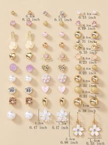 30 Pairs/Set Exquisite & Simple Metal Faux Pearl Floral Heart Shaped Ear Studs Set, Gift For Women's Dating Valentines,Mom,Mother,Mother's Day,Gift
