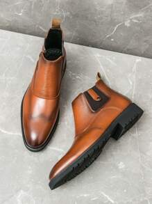 男士流行派對風格美式短靴,圓頭,易穿脫,燒焦表面,摩托車靴 - 棕色 - 查看 1