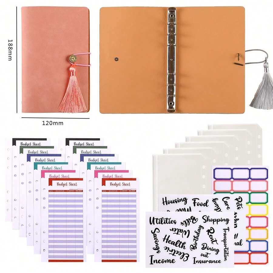 1pc Creative Chinese Style Tassel Binder Refillable Notebook With Elastic Band Closure, 6-ring Binder Travel Journal With Ruler And Zipper Pockets, Perfect For Organizing Business Notes. - Pink - View 1
