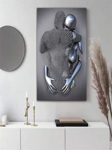 Bedroom Wall Decor, Romantic Couple Canvas Wall Art, Heart-Shaped 3D Metal Sculpture Effect, Black And White Modern Abstract Embracing Couple Oil Painting Poster, Suitable For Bathroom And Hotel - Multicolor - View 5